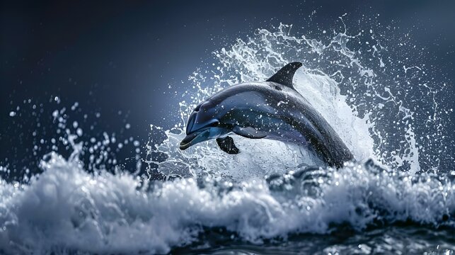 AI generated illustration of a dolphin jumping over a wave in the ocean