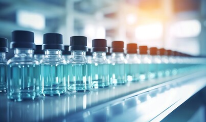 Laboratory glassware with liquid in chemical laboratory.