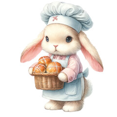 Adorable bunny chef carrying a basket of freshly baked rolls, in a blue and pink chef's outfit, embodying the freshness of bakery goods, Concept of baking, fresh produce, and endearing illustrations

