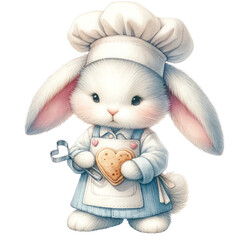 Cute bunny chef with a cookie and a cutter, in a blue striped chef's outfit, showcasing cookie preparation and creativity, Concept of baking, playful creation, and sweet illustrations
