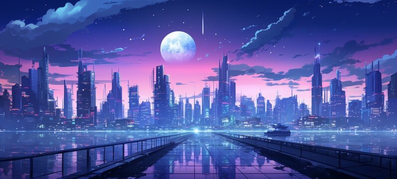 Pixel Cyberpunk neon city night. Futuristic city scene in a style of pixel art. 80's wallpaper. Retro future backdrop. Urban scene.