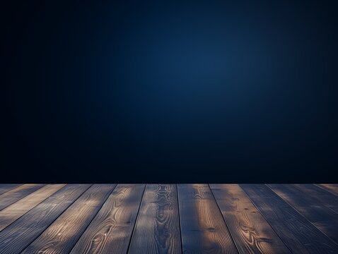 Indigo background with a wooden table, product display template. indigo background with a wood floor. Indigo and white photo