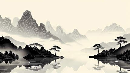 Fototapeta na wymiar Traditional black and white lines landscape illustration poster background