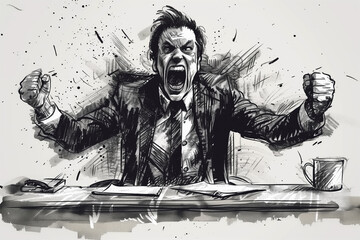A drawing of an angry man sitting at a table with his hands raised in the air, appearing to be experiencing a nervous breakdown