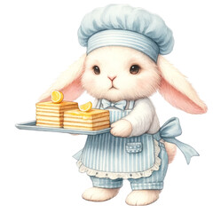 Delightful bunny chef serving a tray of pancakes with syrup, in a striped blue apron, showcasing breakfast delight, Concept of breakfast preparation, serving food, and charming illustrations
