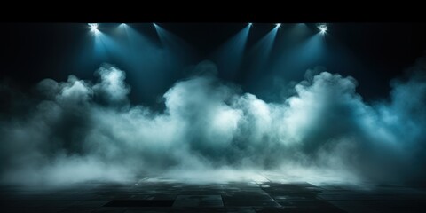 Cyan stage background, cyan spotlight light effects, dark atmosphere, smoke and mist, simple stage background, stage lighting, spotlights