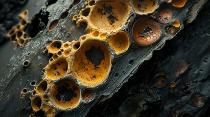 AI generated illustration of a close-up of black and yellow mycelium on old wood