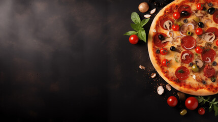 Pizza chorizo, fromage et tomates. Espace vide de composition. Spécialité italienne. Alimentation, fast food, nourriture, délicieux. Pour conception et création graphique.	 - obrazy, fototapety, plakaty