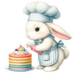 Charming bunny chef decorating a rainbow pancake with icing, in a blue and white striped apron, depicting dessert artistry, Concept of dessert decoration, culinary creativity, and captivating illustra