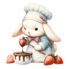 Adorable bunny chef dipping a strawberry in chocolate, in a light blue chef's outfit, showcasing the pleasure of dessert making, Concept of dessert crafting, chocolate indulgence, and delightful illus
