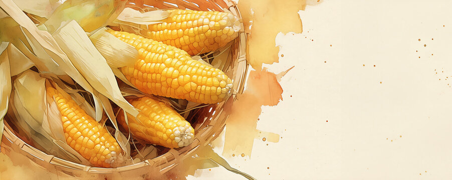 Watercolor corn cobs illustration. Golden corn cobs in a husk on a light background. Harvest and autumn concept. Banner with copy space.