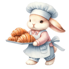 Charming bunny chef carrying a tray of croissants, in a blue and pink chef's outfit, exemplifying morning bakery freshness, Concept of baking, fresh pastries, and inviting illustrations

