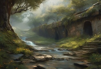 AI generated illustration of a serene waterfall in a lush forest setting with verdant trees