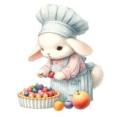 Adorable bunny chef carefully placing berries in a tart, surrounded by fresh fruits, in a light blue and pink chef's outfit, showcasing the art of dessert preparation, Concept of fruit tart making, cu