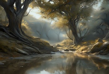 AI generated illustration of a forest stream with lush green trees