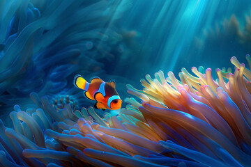 A colorful underwater scene featuring a clownfish swimming among vibrant corals and anemones on a tropical reef
