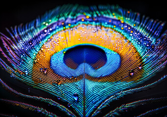 AI generated illustration of a peacock feather with droplets of water