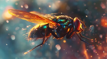 a large fly with many blue and orange colors on it's face - obrazy, fototapety, plakaty