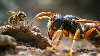 AI generated illustration of Two wasps in the dirt - obrazy, fototapety, plakaty