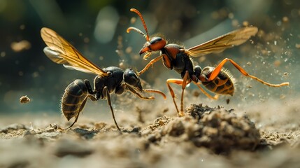 AI generated illustration of Two wasps battling in sandy desert, dirt falling from their wings