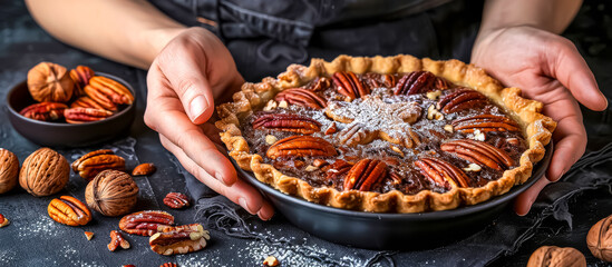 Pecan Pie is a classic American dessert made with a flaky pie crust filled with a sweet and gooey mixture of pecans, eggs, butter, and sugar, often flavored with vanilla and a splash of bourbon or rum - obrazy, fototapety, plakaty