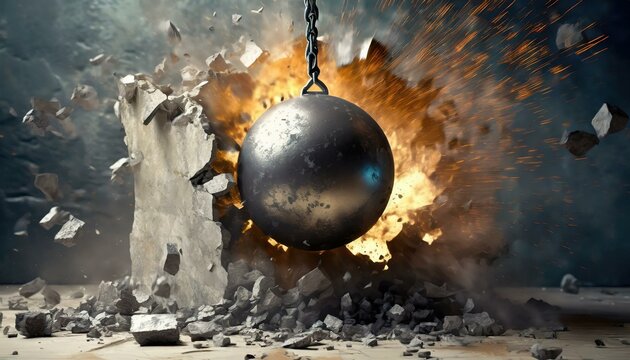 wrecking ball smashing through concrete