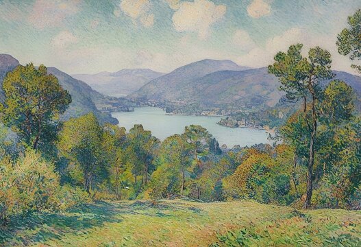 water and hills with trees in a painting style of the hills in front of a