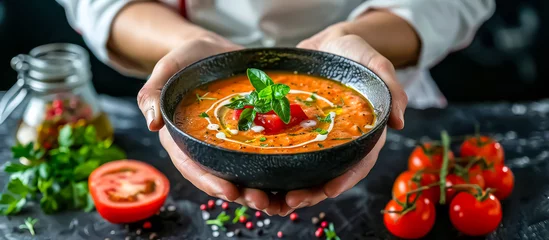 Foto op Canvas Gazpacho is a refreshing Spanish cold soup made from ripe tomatoes, peppers, cucumbers, onions, garlic, olive oil, and vinegar © Design Resources