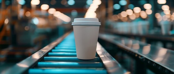 A row of blank paper coffee cups on a factory conveyor belt