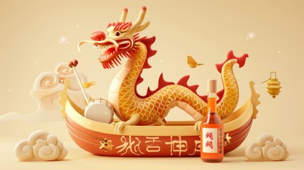 Obraz premium On a light yellow background, a cartoon drum and realgar wine bottle stand out. These objects are related to the Chinese traditional Duanwu Festival.