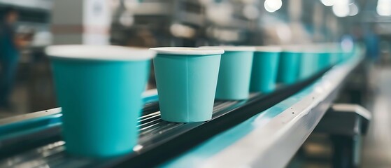 A row of blank paper coffee cups on a factory conveyor belt - obrazy, fototapety, plakaty