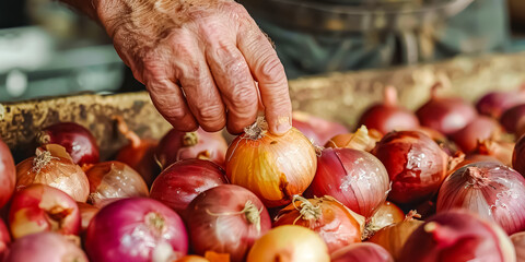a hand grabbing a yellow onion from a pile on the table - obrazy, fototapety, plakaty