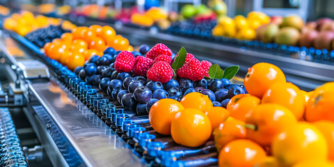 factory with a high-tech conveyor system efficiently processing and packaging various fruits