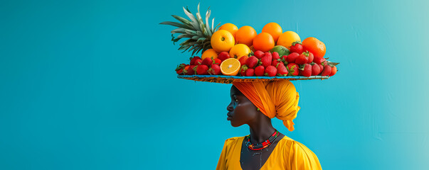 a black woman model carrying a large platter of fruits on their head, in the style of african influence