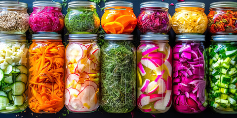 A vibrant collection of assorted fermented foods displayed in clear glass jars - obrazy, fototapety, plakaty