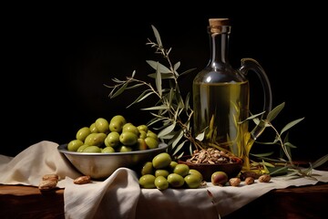 Olive oil in a bottle and olives on a dark background