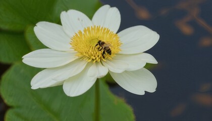 a bee is sitting on top of a flower beside leaves
