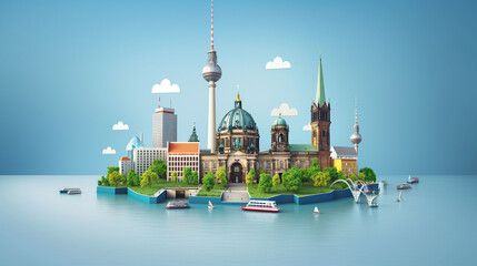 vector of famous landmark of central Berlin city with Berlin cathedral, Berliner Fernsehturm tower, Brandenburger Tor famous landmark of Berlin City in Germany, Europe