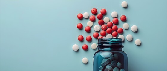 Overflow of Pills from Blue Jar on Pastel Backdrop. Concept Still Life Photography, Medicine Concept, Surreal Art, Pharmacology Aesthetics, Excessive Consumption - obrazy, fototapety, plakaty