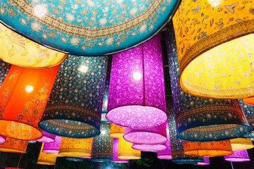 Closeup shot of colorful paper lanterns with patterns, Bangkok, Thailand