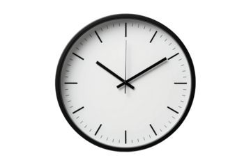 Timeless Contrast: Black and White Clock Against a White Canvas. On White or PNG Transparent Background.