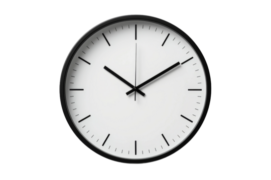 Timeless Contrast: Black and White Clock Against a White Canvas. On White or PNG Transparent Background.