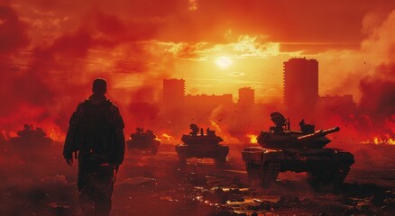 Silhouette of Soldier Walking in Fiery Battlefield at Sunset, Tanks in Background - obrazy, fototapety, plakaty