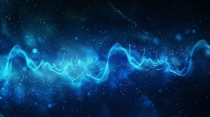 Wallpaper of a sound wave effect, glowing particles, and a dark blue background