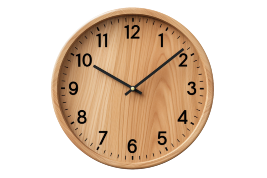 Timeless Elegance: Wooden Clock With Black Numbers. On White or PNG Transparent Background.
