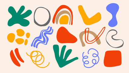 Set of various colorful hand drawn abstract shapes for creative graphic design. Vector illustration.