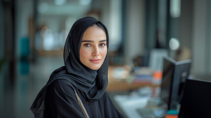 A Confident Arab Businesswoman Wearing UAE Emirati Traditional Dress, black abaya, in front of a computer at her office,  Pretty Arabian Woman in the Emirates, generative ai.