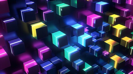 A dark background with neon glowing cubes of different sizes, creating an abstract and futuristic pattern The colors include vibrant shades like purple, blue, green, pink, yellow, and orange This desi