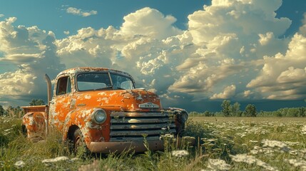 an orange old truck in a field under cloudy skies with daisies