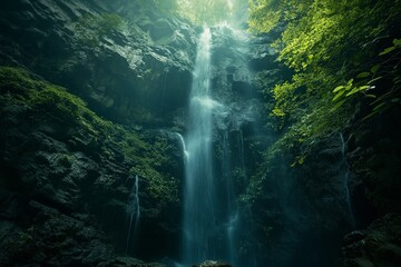 Tall waterfall cascades over a cliff surrounded by trees and water, AI-generated.